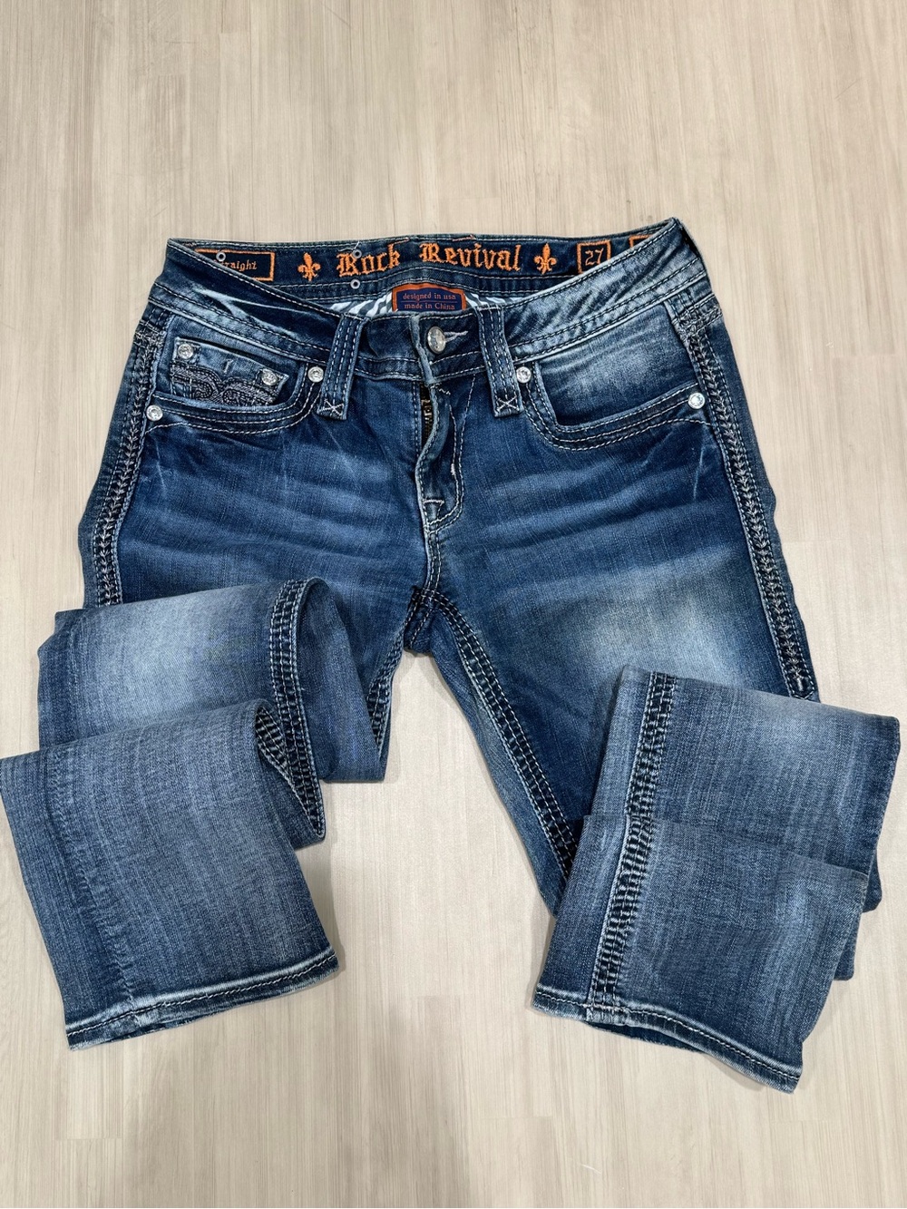 Rock Revival Women's Dark Blue Bedazzled Novela Straight Jeans Size 27
